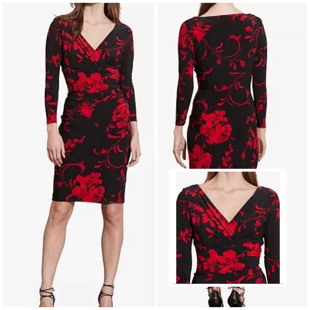 y2k Lauren Ralph Lauren Black Floral Dress 6P Red Wrap Vampy Quiet luxury New